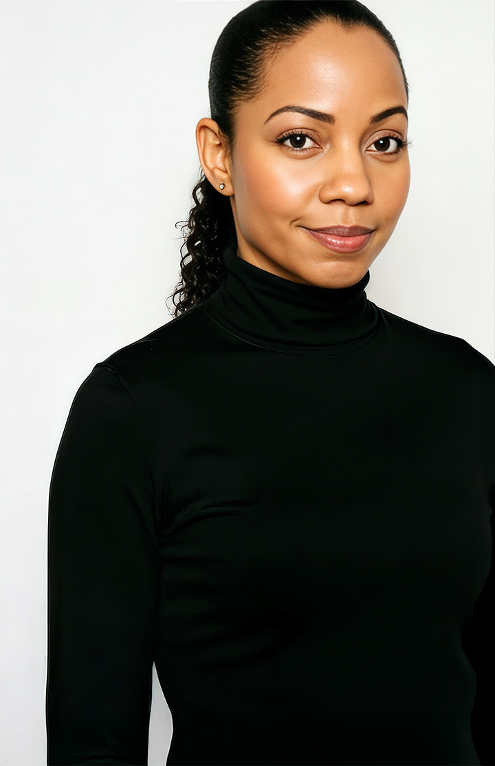 Portrait headshot of actress Sashani Nichole wearing a black turtleneck