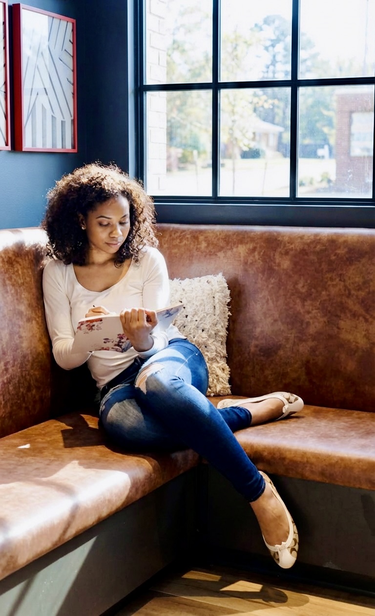 Woman sitting on a café bench by a window writing in a notebook in natural light.