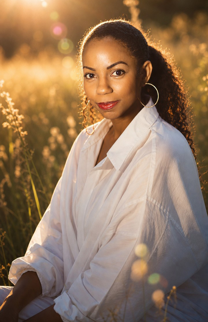 Portrait of Sashani Nichole, actor, singer and songwriter, outdoors at golden hour.